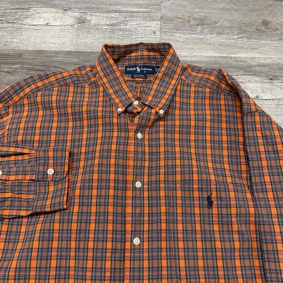 Vintage 90s Ralph Lauren Orange Blue Tartan Plaid Mens L‎ Button Down Big Shirt - Picture 1 of 8